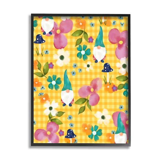 Stupell Industries Yellow Tartan Patterned Spring Gnomes Mushrooms Framed Giclee Art